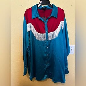 L&B Teal and Red Western Fringe Shirt
